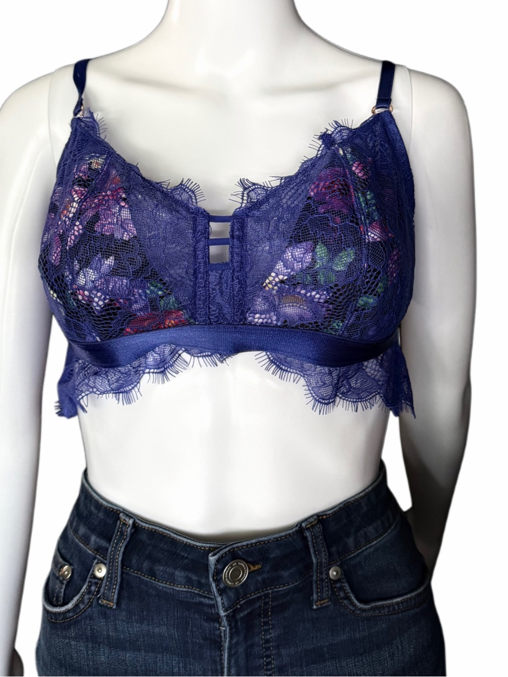 Sofia Intimates by Sofia Vergara Lace Bralette Blue Floral Mesh Womens Size L